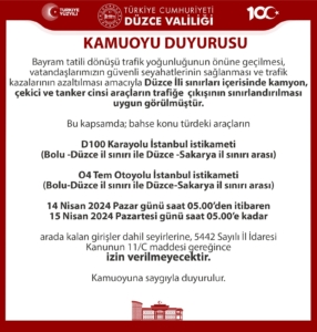 DÜZCE VALİLİĞİ TATİL DÖNÜŞÜ İÇİN ÖNLEMLER ALDI DÜZCE VALİLİĞİ TATİL DÖNÜŞÜ İÇİN ÖNLEMLER ALDI
