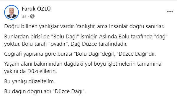 BAŞKAN ÖZLÜ: "BOLU DAĞI DEĞİL DÜZCE DAĞI!"