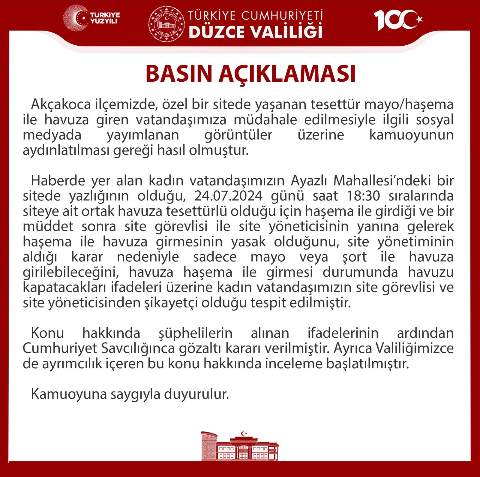 DÜZCE VALİLİĞİ YAZILI AÇIKLAMA YAPTI DÜZCE VALİLİĞİ YAZILI AÇIKLAMA YAPTI