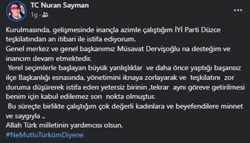 NURAN SAYMAN İYİ PARTİ'DENİSTİFA ETTİ