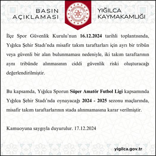 YIĞILCA STADYUMU'NDA MISAFİR TARAFTAR YASAĞI: YIĞILCA STADYUMU'NDA MISAFİR TARAFTAR YASAĞI: