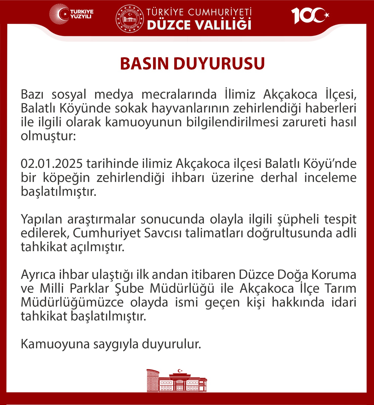 DÜZCE VALİLİĞİ'NDEN YAZILI AÇIKLAMA YAPILDI
