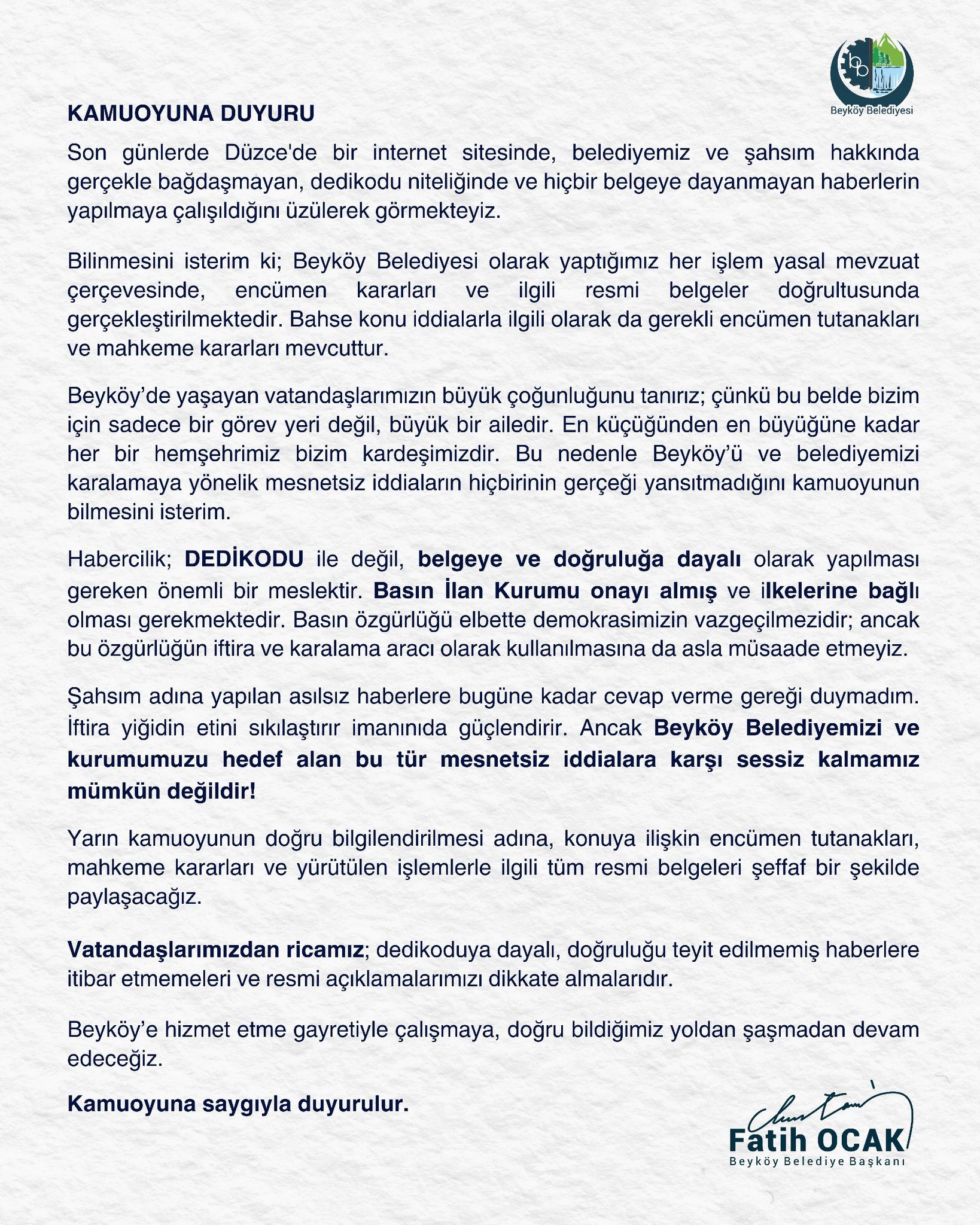 Beyköy Belediye Başkanı Fatih Ocak’tan İddialara Sert Yanıt