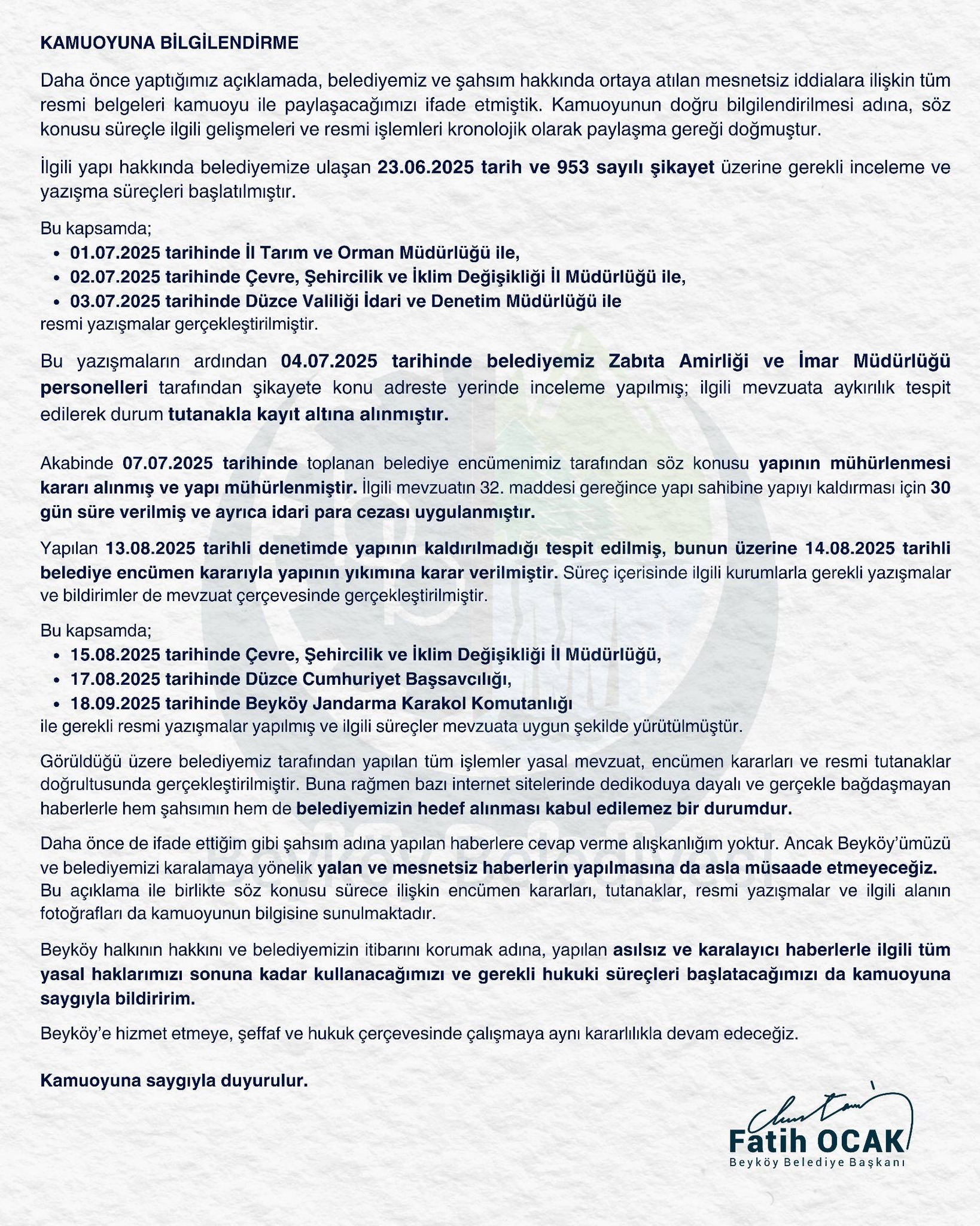 Başkan Fatih Ocak’tan İddialara Belgeli Açıklama