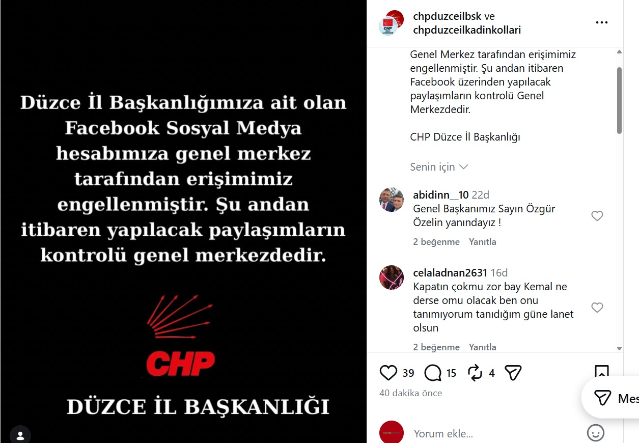 CHP Düzce’nin Sosyal Medya Hesabı Genel Merkez Kontrolüne Mi Geçti?