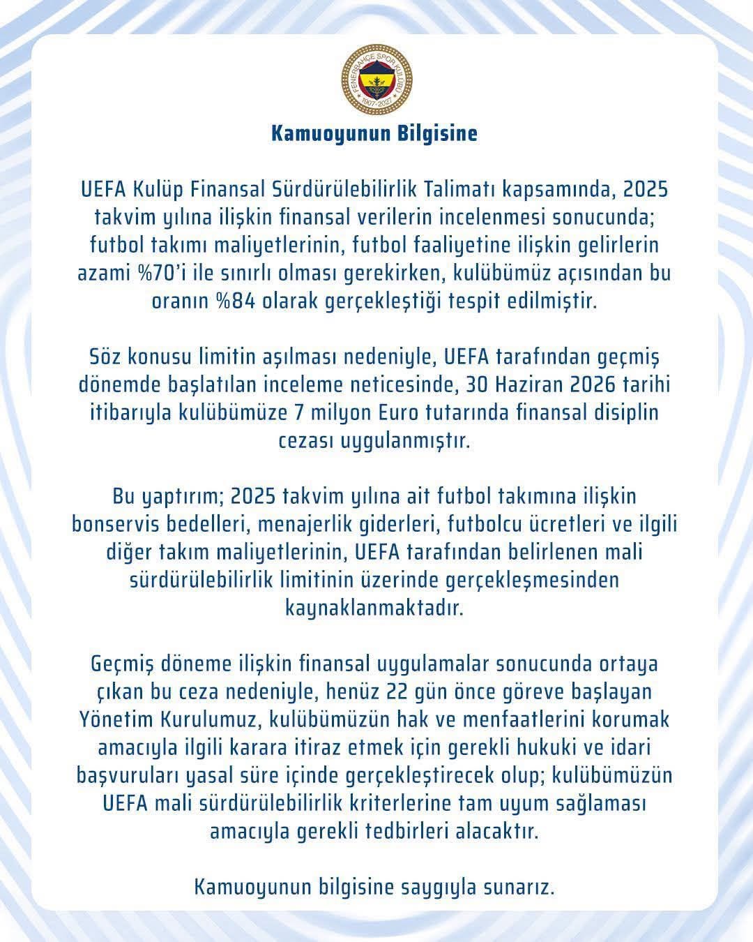 Fenerbahçe'ye UEFA şoku: 7 milyon Euro ceza! Fenerbahçe'ye UEFA şoku: 7 milyon Euro ceza!