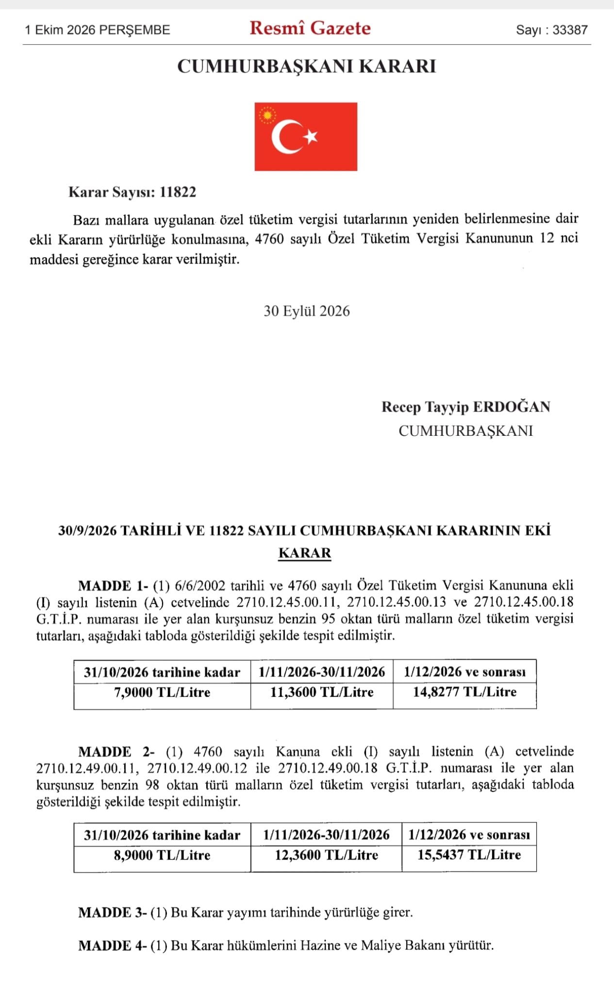 BENZİNDE ÖTV TUTARLARI YENİDEN BELİRLENDİ