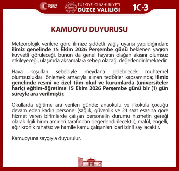Düzce’de Şiddetli Yağış Engeli: Eğitime Bir Gün Süreyle Ara Verildi!