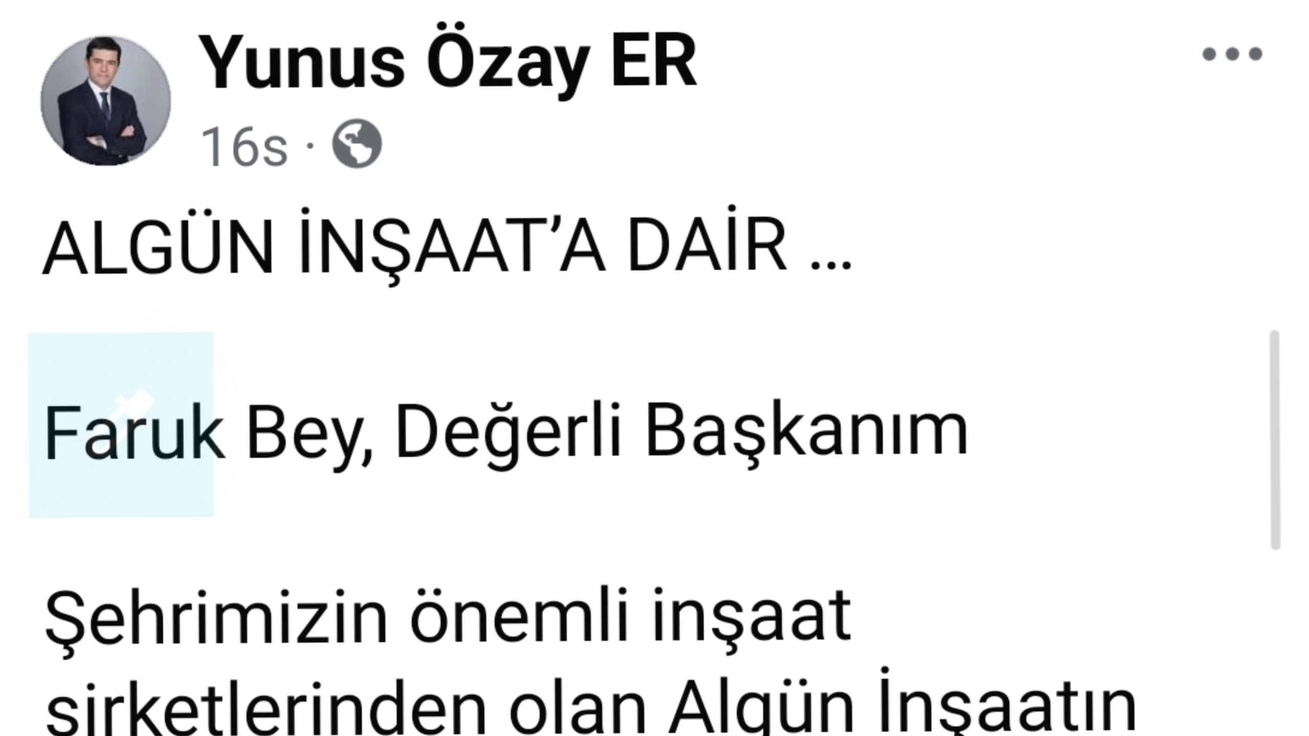 YUNUS ÖZAY ER’DEN BAŞKAN ÖZLÜ’YE "ACİL İNSİSİYATİF" ÇAĞRISI